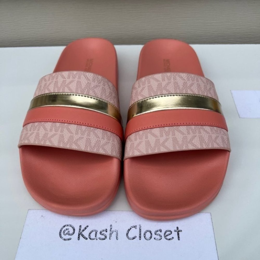 Michael Kors Brandy Metallic Striped Logo Slide Sandal- Sherbert - Picture 2 of 6
